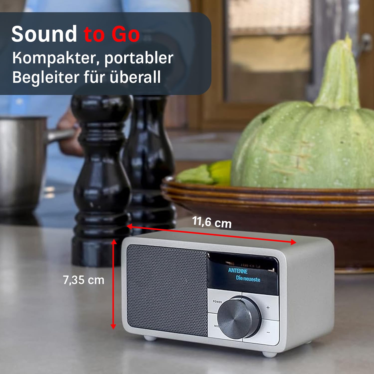 Kathrein DAB+ 1 Mini I DAB Plus Radio mit Akku I Digitalradio DAB+ & UKW mit Bluetooth, Aux 3,5mm I Küchenradio, Badradio I Tragbares Radio als Lautsprecher für Streaming I Retrodesign in Silber
