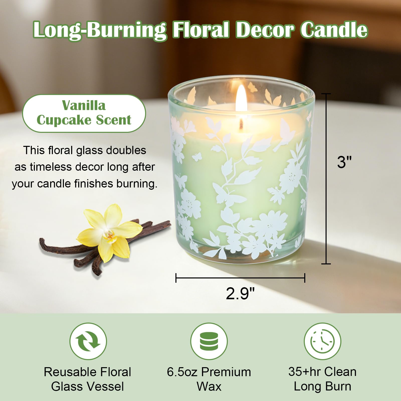 Paquete de 3 velas perfumadas de vainilla para aromaterapia, cera de soja de larga duración, vela en tarro de cristal blanco floral verde para decoración del hogar, Navidad, cumpleaños