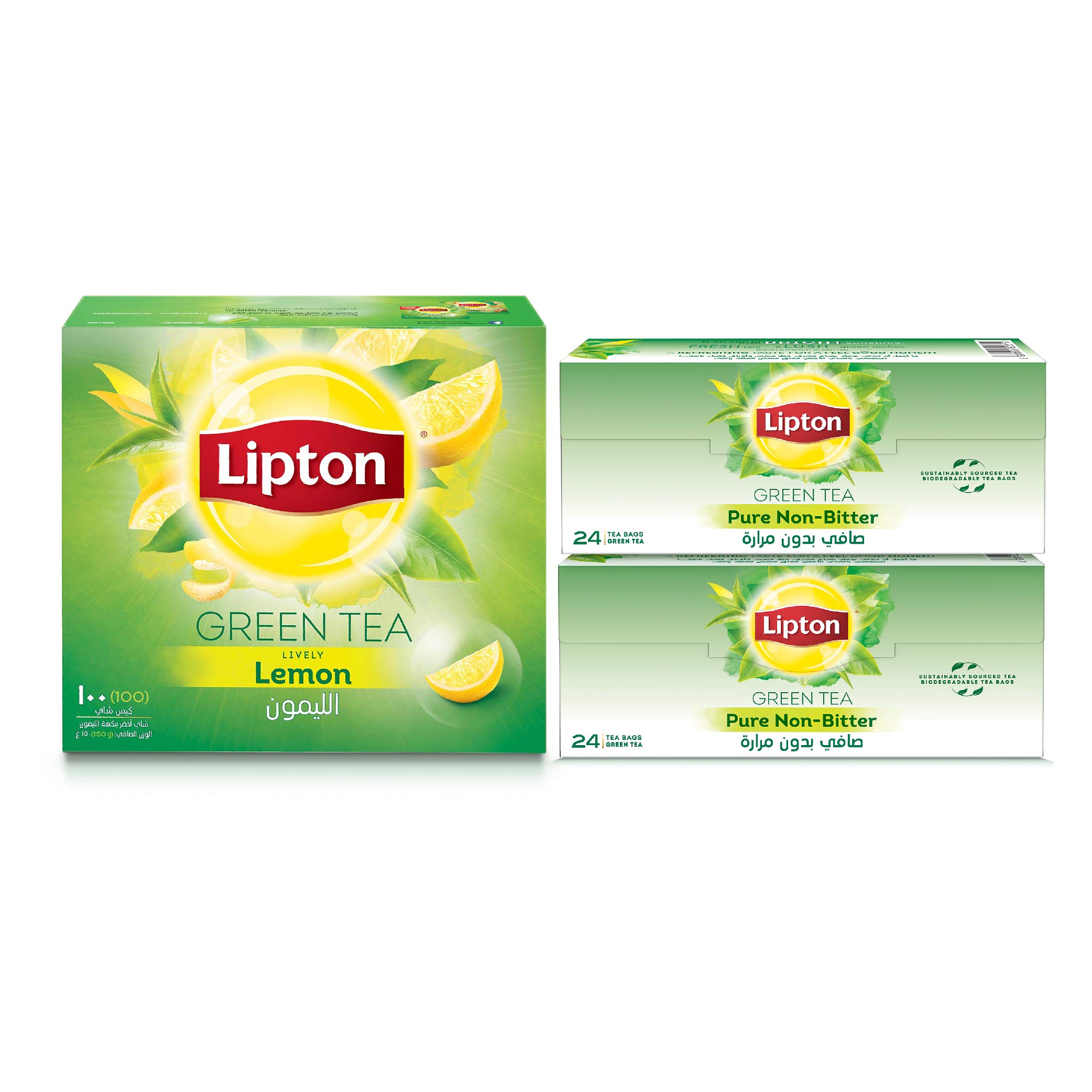 Lipton Green Tea Lemon, 100 Tea Bags + Green Tea Non Bitter, 48 Tea Bags