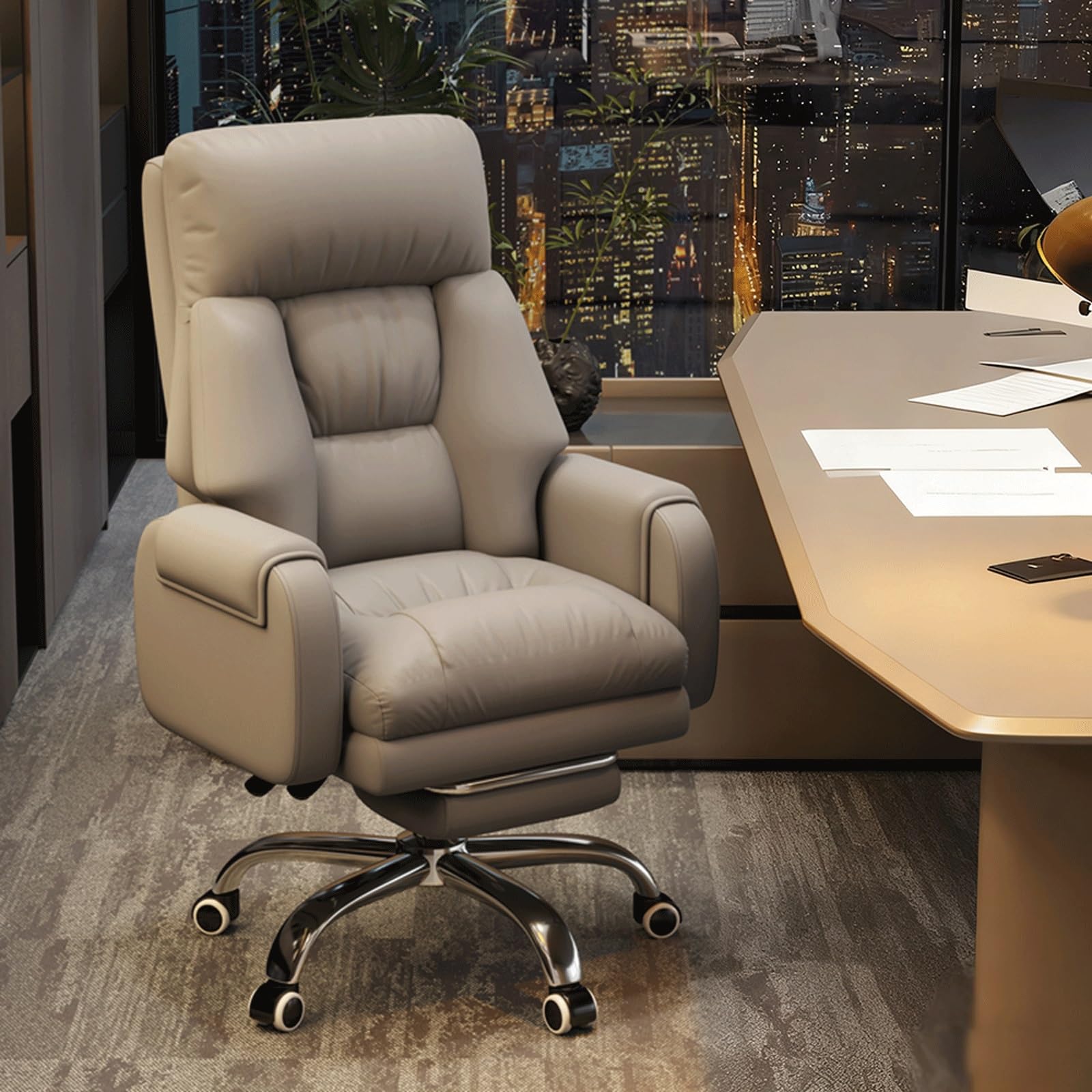 HTTGDGDH Ergonomic Office Executive Chair With Footrest Lumbar Support 360° Swivel Rocking Function Adjustable Armrests - Ideal For Home Office & Study Room,Khaki