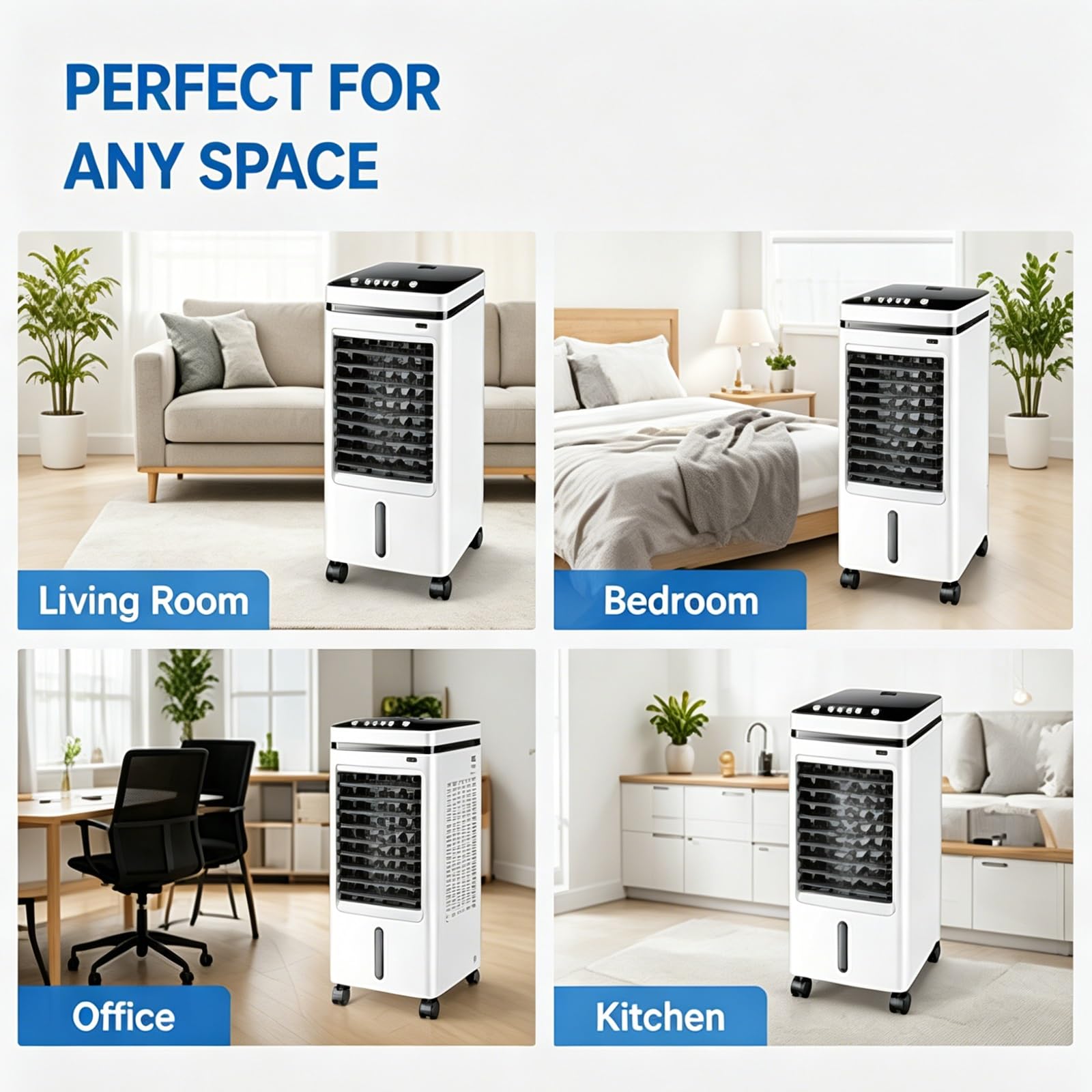 Przenośny Klimatyzator z 6 Wkładami Chłodzącymi 60 W 3 Prędkości Zbiornik na Wodę 4 L Oscylacja 60° 110-220 V do Salonu Sypialni Biura Kuchni 27 X 28 X 60cm