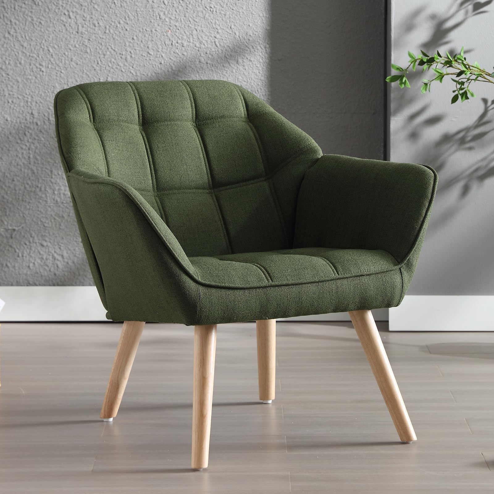 Ya-Home Fauteuil de Salon avec Pieds en Bois Chaise de Salon en Lin Moderne Fauteuil Rembourré pour Chambre, Vert