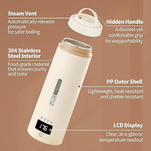 Miniatura 13 de Tetera de viaje, pequeña tetera eléctrica, portátil, con 4 ajustes de temperatura, enchufe en acero inoxidable 304, con apagado automático (negro)