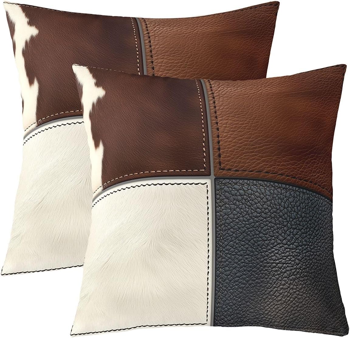 Cow Fur Geometric Throw Pillow Covers 24"x24" Set of 2 Soft Cowhide Farmhouse Cushion Covers Pillow Cases for Couch Sofa Bedroom Car Reversible Western Farm Animal Skin Decorative Throw Pillowcases