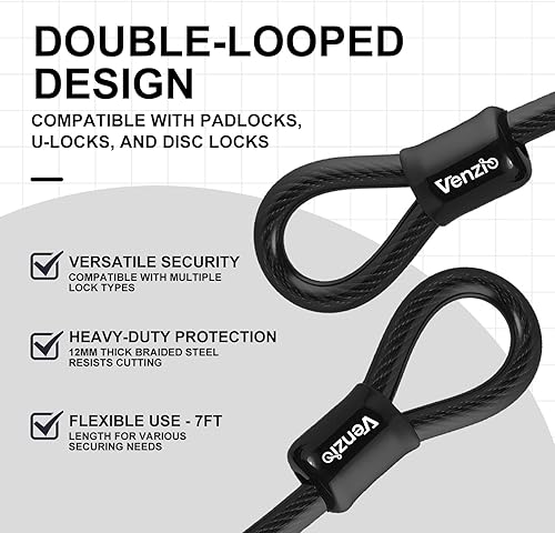 Miniatura 3 de Venzio Cable de bloqueo de bicicleta resistente de 0.472 in (12 pulgada) con bucles, cable de bloqueo de acero de seguridad de 7 pies, cadena