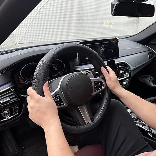 Miniatura 7 de Moyishi Funda de Volante de cuero ajuste universal suave y transpirable envoltorio para volante Talla libre Negro