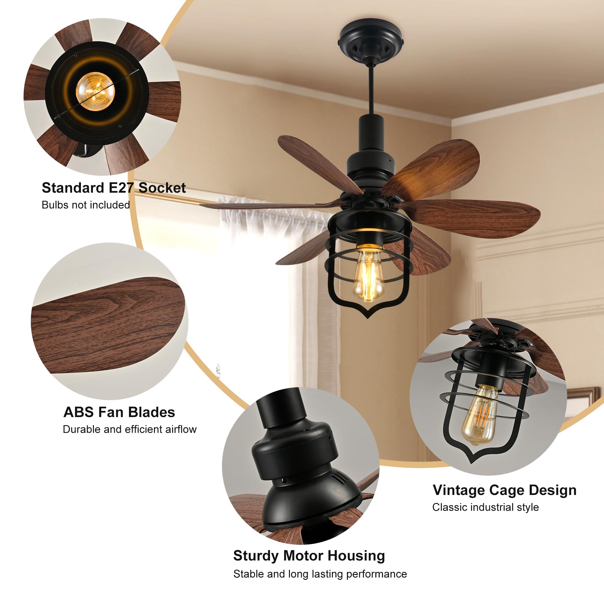 Ganeed Klein Schraube-in Deckenventilator mit Licht und Fernbedienung Decke Lampe mit Ventilator Industrie-Stil Licht Ventilator E27 Fassung für Klein Schlafzimmer Waschküche Lager Garage Schwarz