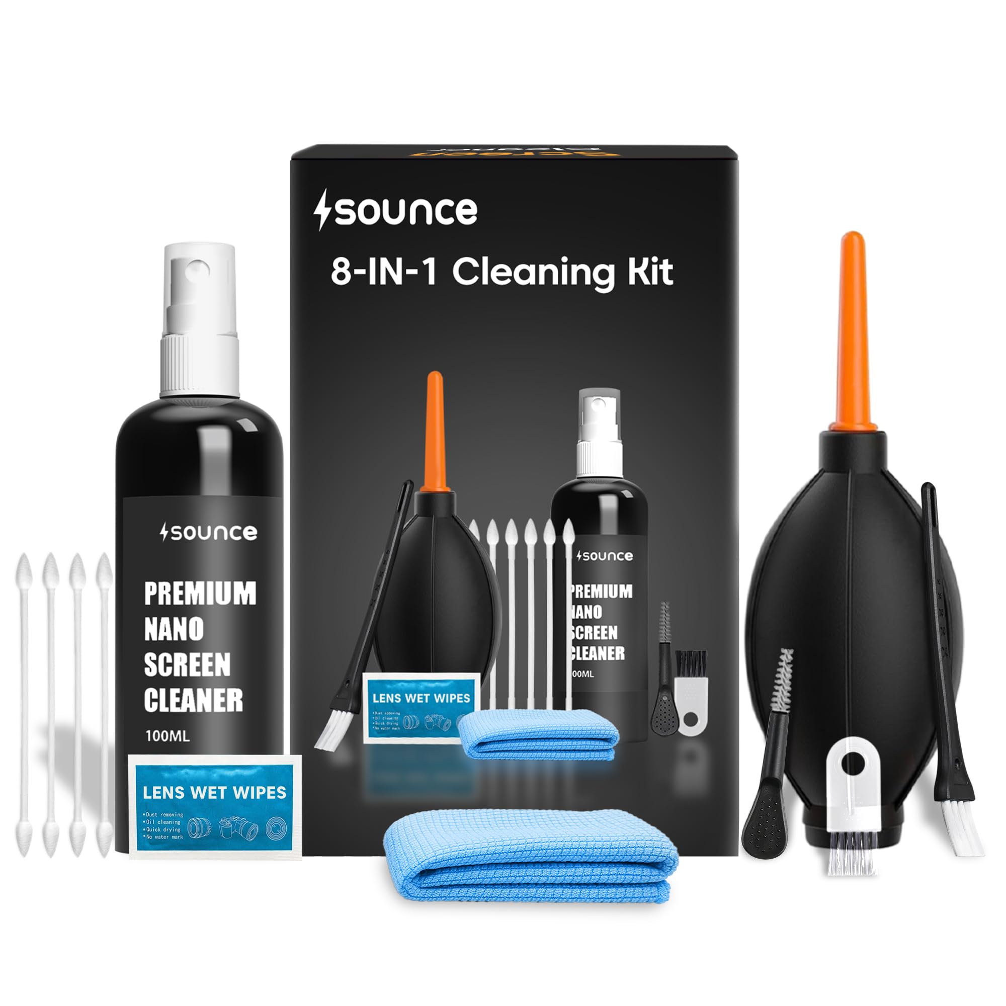 Sounce Professional 8-in-1 Cleaning Kit for Laptop, Tablet, Smartphone, Camera, Earbuds – Includes 100ml Cleaning Solution, Air Blower, Cotton Swabs, Suede Plush, Microfiber Cloth-picture-28