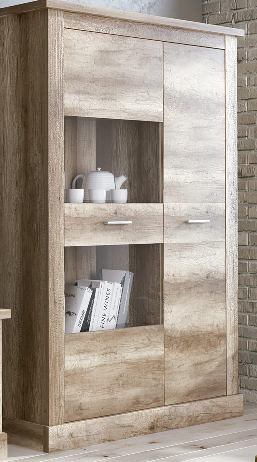 PEGANE Armoire vitrine, Buffet Haut Coloris Chêne Vieilli - Longueur 125 x Profondeur 41,80 x Hauteur 174,70 cm