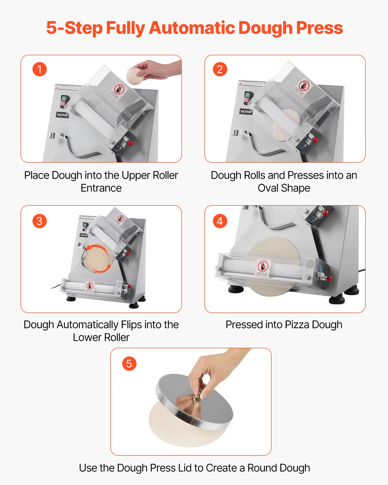 VEVOR Formeuse à pizzas, 7,6 à 35,5 cm, presse à pâte électrique commerciale 370 W, 260 feuilles par heure, laminoir à pâte à pizza automatique en acier inoxydable, épaisseur réglable, avec couvercle