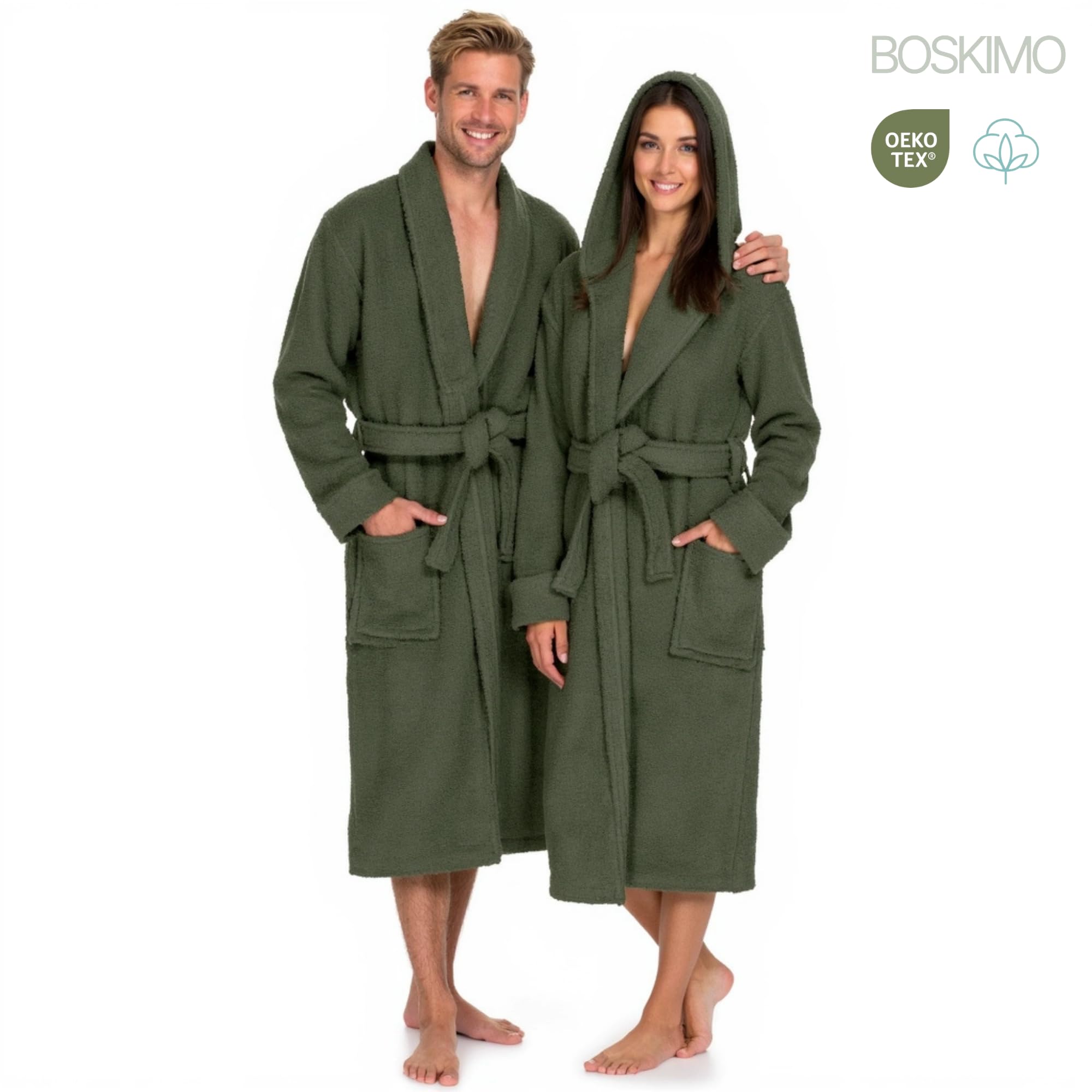 Albornoz de Baño Unisex con Capucha 100% Algodón OEKO-TEX – Bata para Hombre y Mujer – Rizo Americano 420 gsm – Suave y muy Absorbente