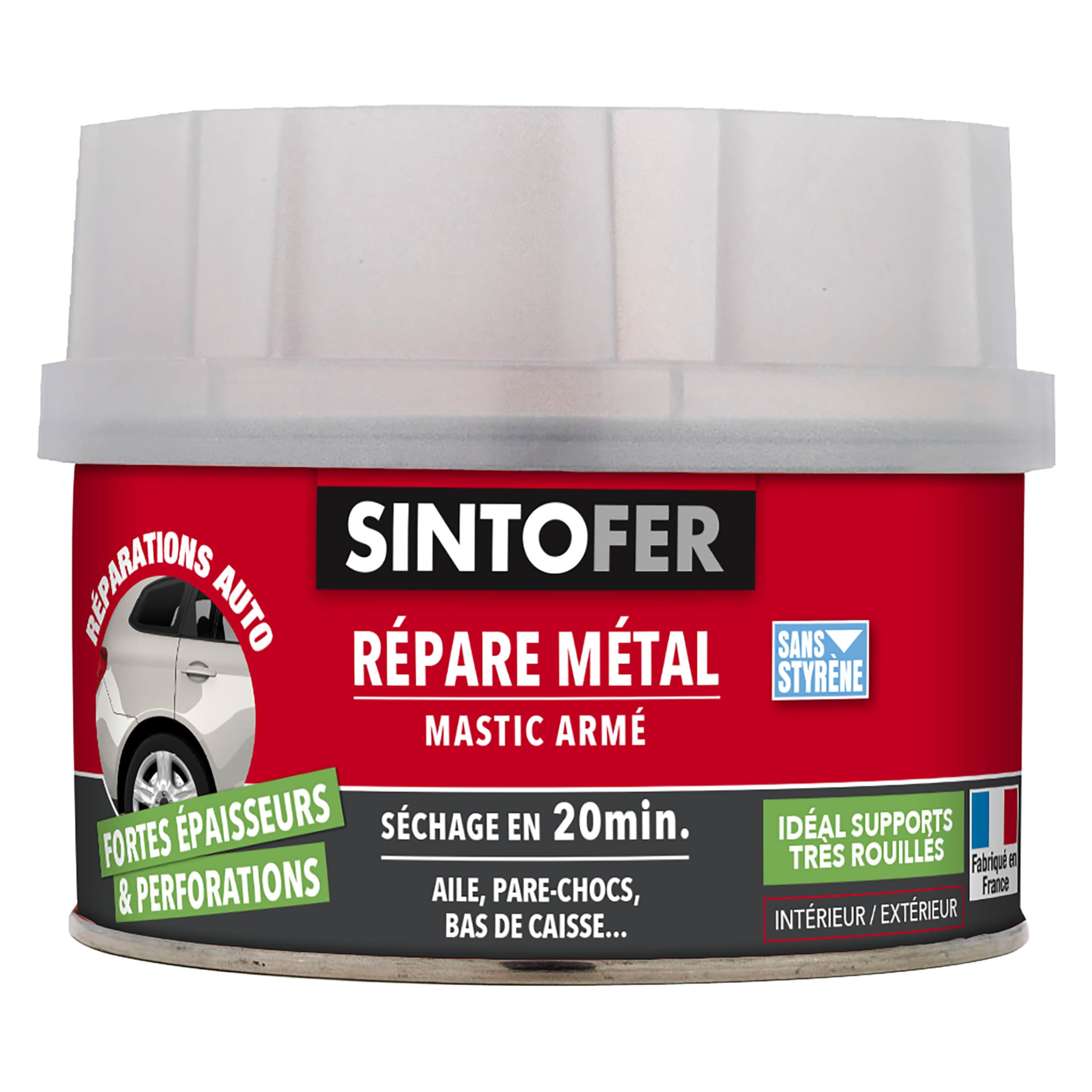 SINTO - Répare Métal Armé - Reconstitue et Colmate Trous et Perforations - Tous Métaux, Même Très Rouillés - Intérieur et Extérieur - Sans Styrène - Sec en 20min - Technique Professionnelle - 550g
