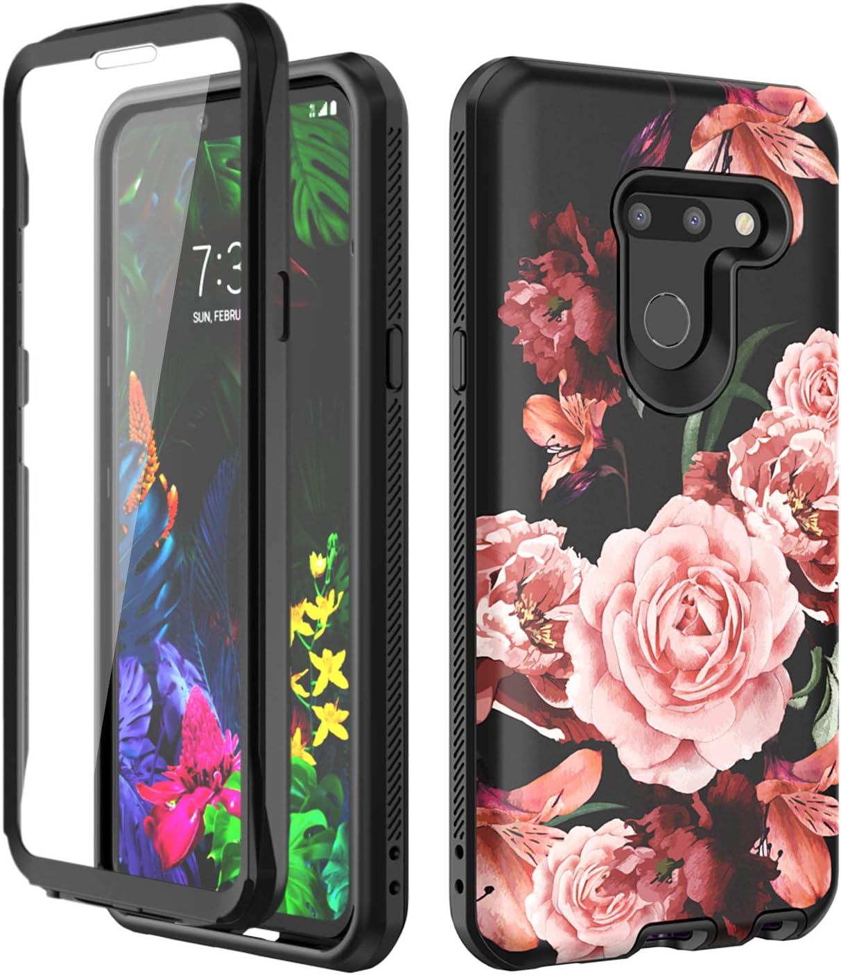 Case for LG G8 ThinQ 2019,[Built in Screen Protector] Shockproof Anti-Scratch Full Body Hard Plastic & Soft TPU Three Layer Protection Rugged Cover for LG G8 for Women Flower