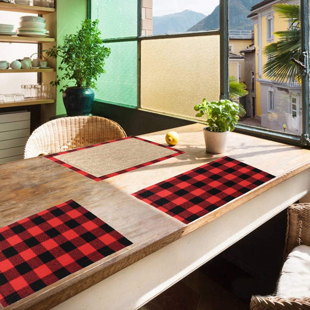 Get Special Price CHICHIC Set of 4 Christmas Placemats for Dining Table, Water-Resistant Place Mats, Fall Buffalo Plaid Check Table Mats, Reversible Cotton & Burlap for Holiday Table Decoration, Red Black Buffalo Plaid Creative Product CHICHIC Set of 4 Christmas Placemats for Dining Table, Water-Resistant Place Mats, Fall Buffalo Plaid Check Table Mats, Reversible Cotton & Burlap for Holiday Table Decoration, Red Black Buffalo Plaid