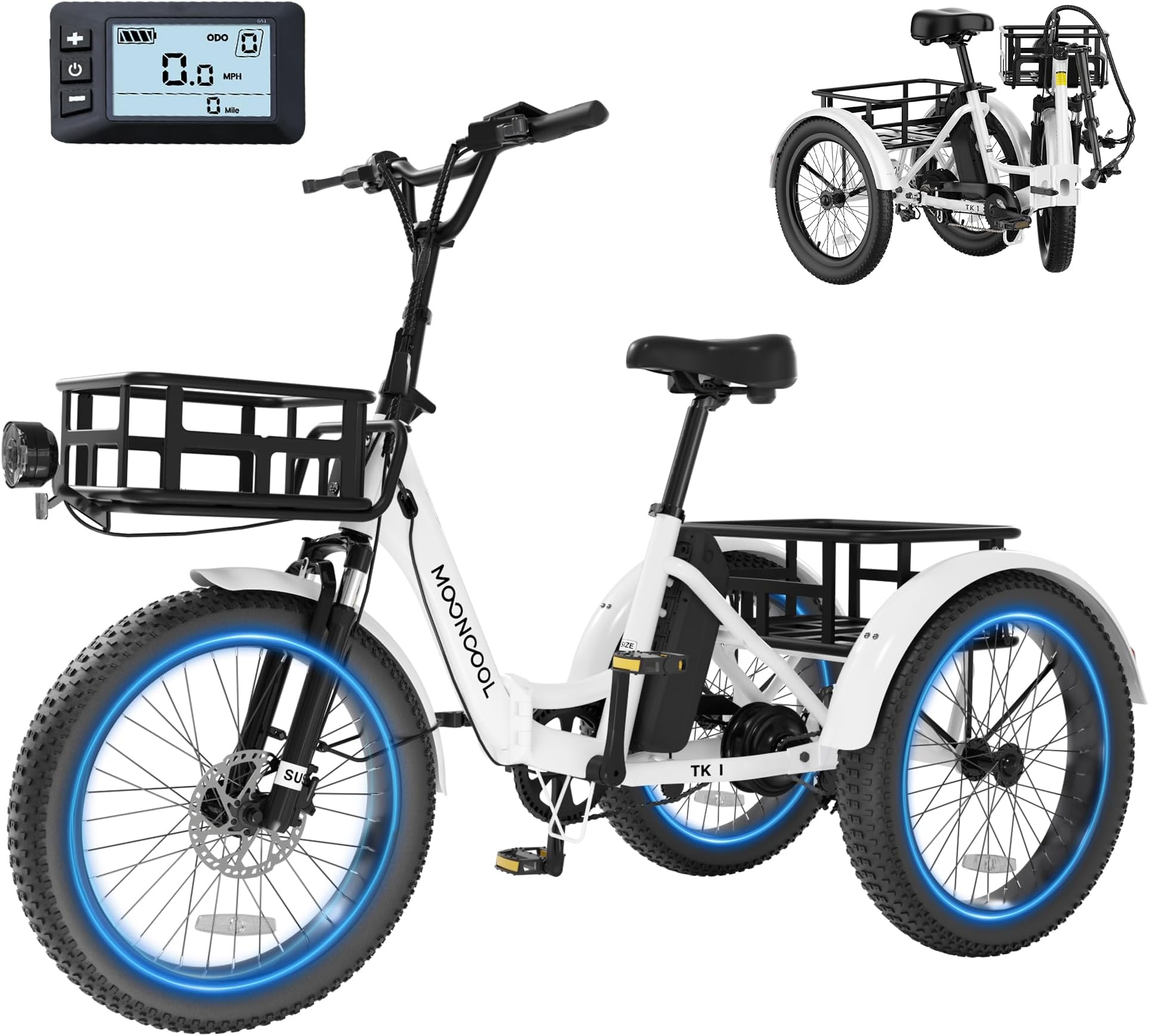MOONCOOL Electric Trike for Adults, 500W/750W 48V Electric Tricycle for Adults Peak Power 1500W, 20"x3.0" Fat Tire 3 Wheel Electric Bike, Folding Aluminum Adult Tricycle with Removable Battery