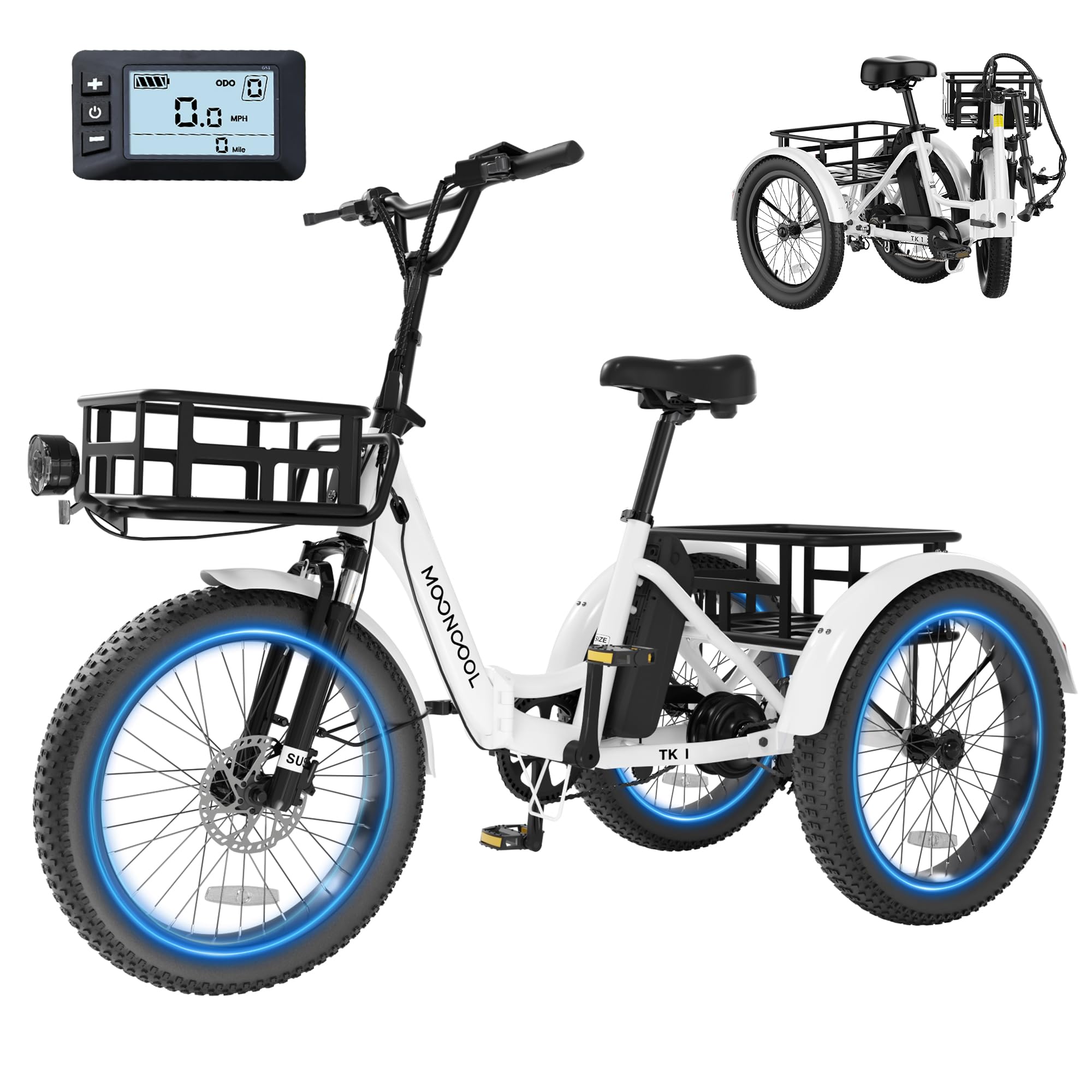 MOONCOOL Electric Tricycle for Adults, 500W/750W 48V Folding Electric Trike Peak Power 1100W, 20"x3.0" Fat Tire 3 Wheel Ebike, Aluminum Adult Tricycle with Removable Battery, Rear Differential