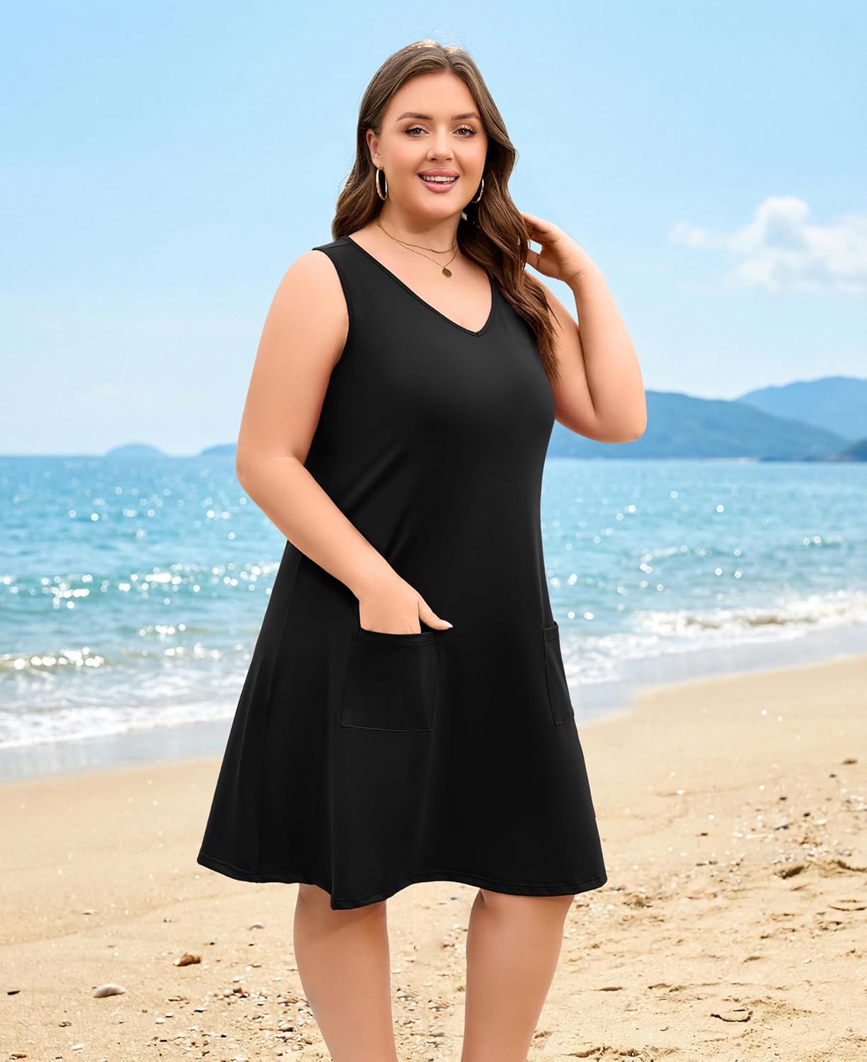 Plus Size Summer Dresses for Women V Neck Sleeveless Beach Tshirt Tank Sundress with Pockets - Image 3