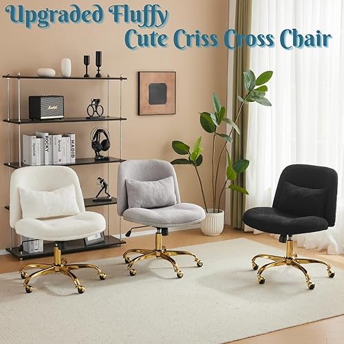 Miniatura 4 de VINGLI Silla de oficina ancha con patas cruzadas, silla de escritorio ergonómica con estampado de glúteos cómoda con almohada y base dorada, doble