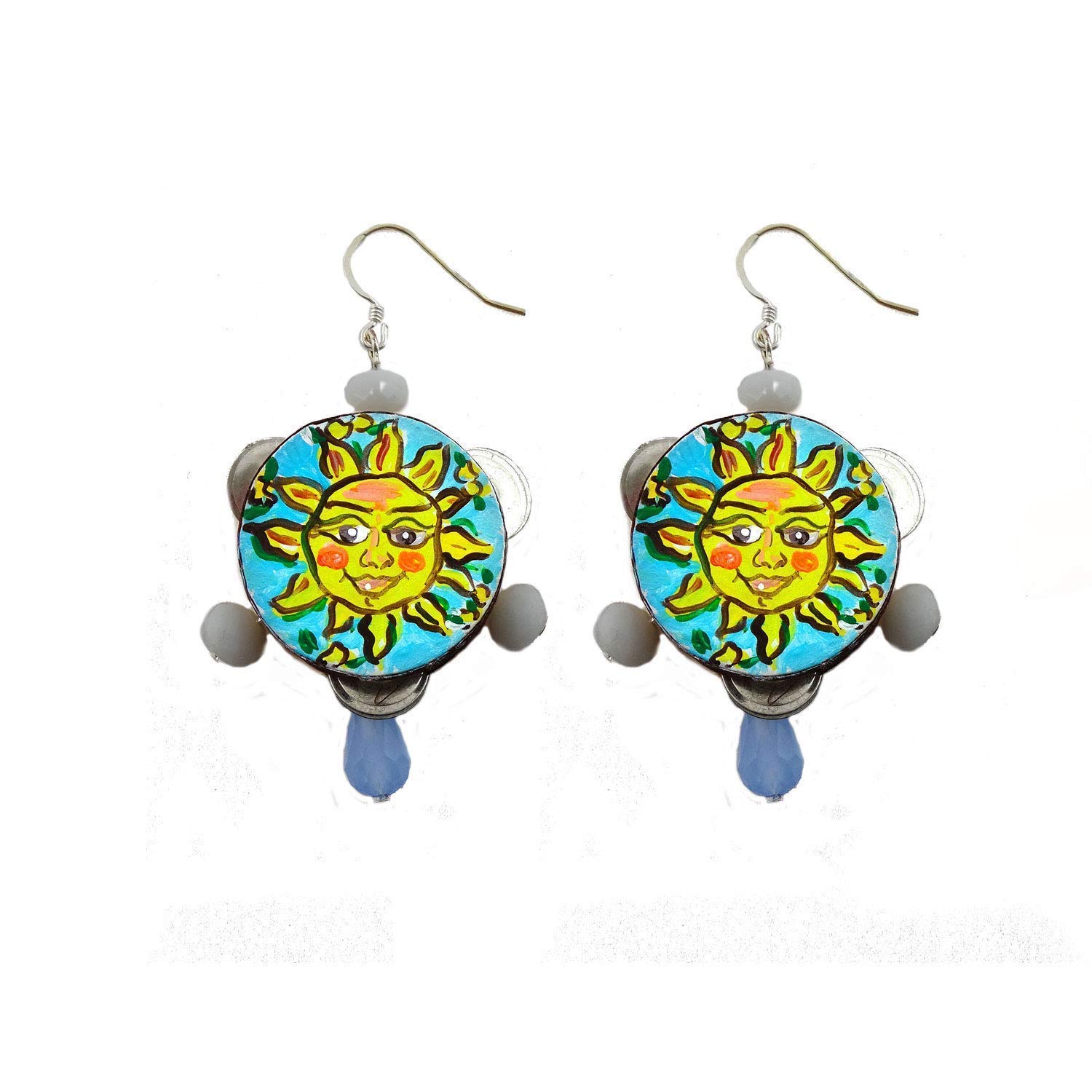 Boucles d’oreilles peintes à la main – TAMBOURINS SOLEIL DE SICILE - boucles d’oreilles pour femme, bijoux peints à la main, crochet en argent, Made in Italy, bijoux décorés, fabrication artisanale