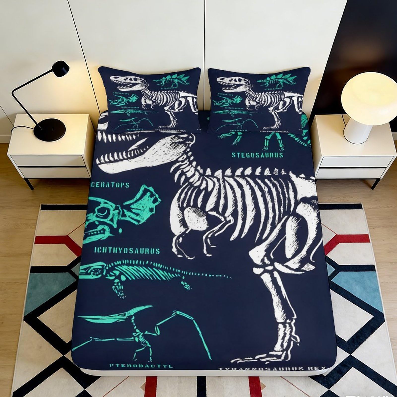 Pnayamiorkfel Style-2 3D Printed Dinosaur Skeleton Fitted Sheet Microfiber Navy Blue Bed Cover For Bedroom Guest Room Easy Care Decor 90X200x25cm