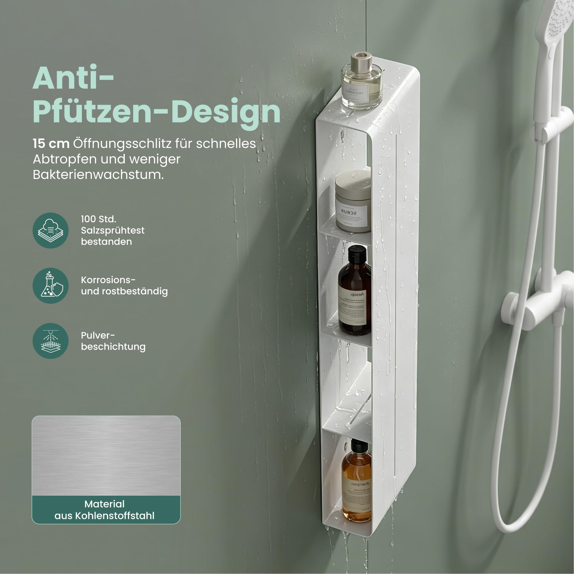 Mai & Mai Duschregal mit 4 Ablagen, Duschablage schmal Regal Weiß | Wandregal zum Bohren, Badezimmer Organizer und Shampoo Halterung für Dusche Bad, 20x90x9cm Reglo-16
