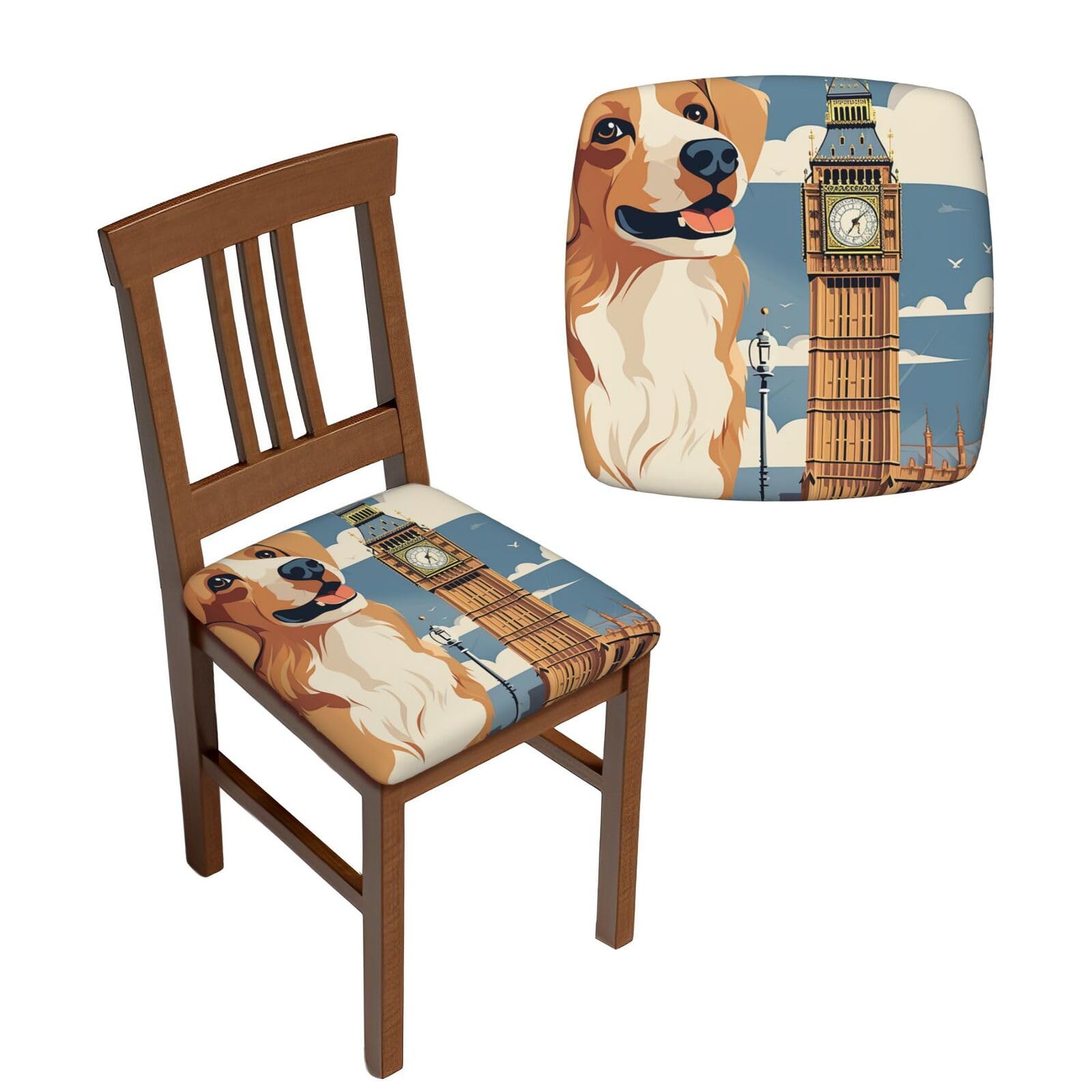 NONHAI 6PCS Dining Chair Seat Covers Set Cute Dog Sitting Stretch Removable Chairs Covers Washable Seat Cushion Slipcovers Protector for Dining Room Kitchen Chairs