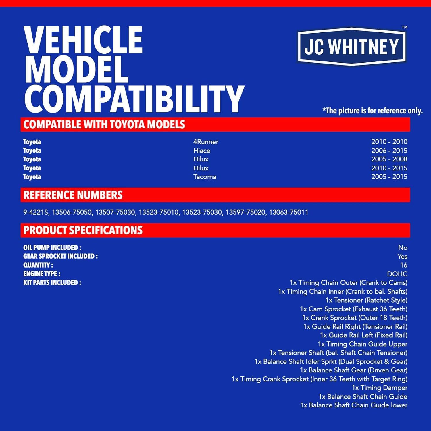 JC Whitney JFBAJCWTCK00088 Engine Timing Chain Kit with Tensioner - Fits DOHC L4 2.7L - Compatible with Toyota Tacoma 2005-2015, 4Runner 2010, Hiace 2006-2015, Hilux 2005-2008&2010-2015