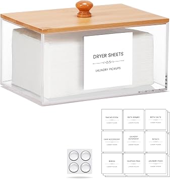 Dryer Sheet Holder with 30 waterproof Labels, Acrylic made tissue box holder, Acrylic Container Storage Box for Laundry Room Organization, Holds Sheets, Balls, Clothes Pins, Laundry Pods