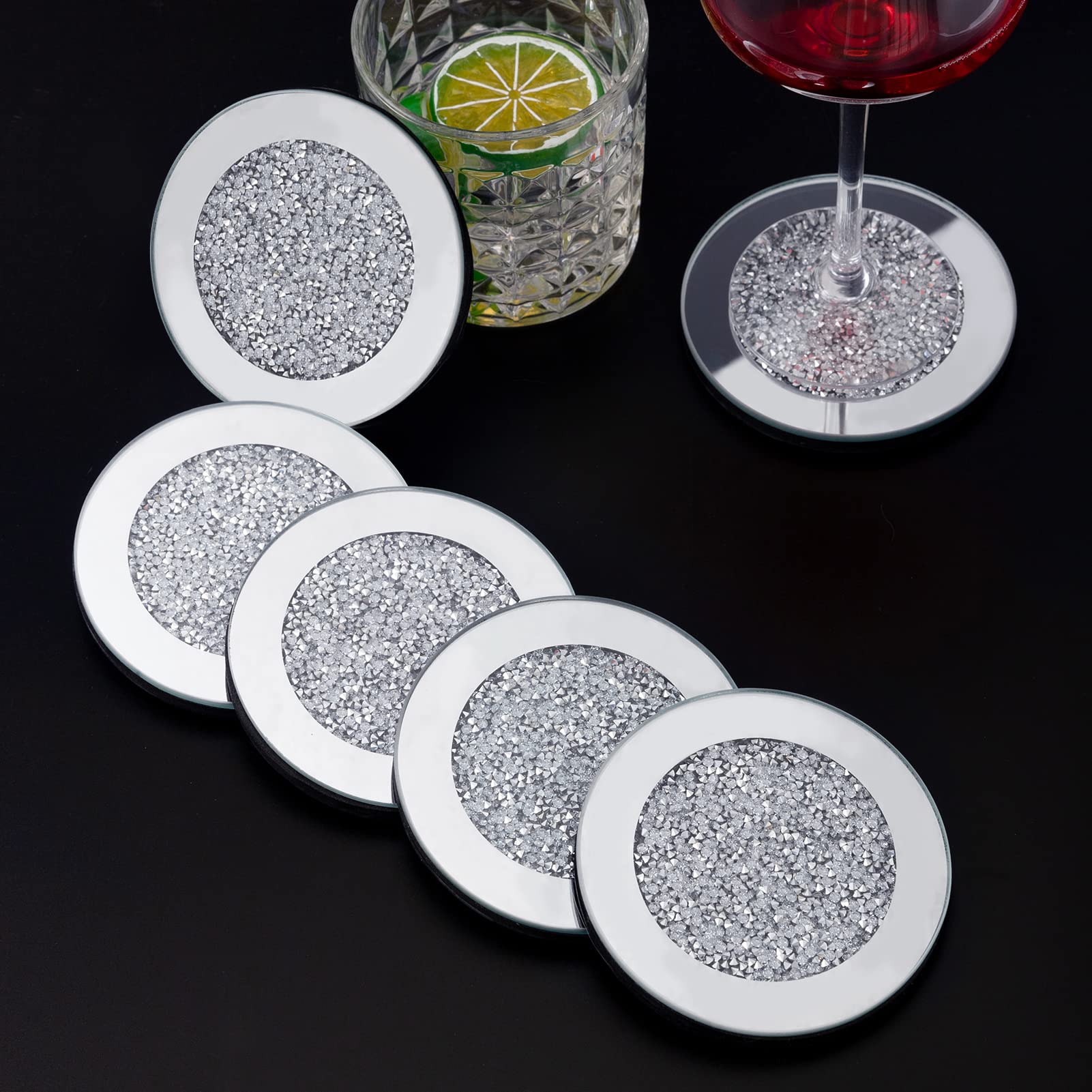 6PCS Glass Mirrored Coaster, 4 Inches in Diameter Glass Diamond Coaster, Round Crushed Diamond Coaster for Restaurant Kitchen Table Wedding or Party Decoration