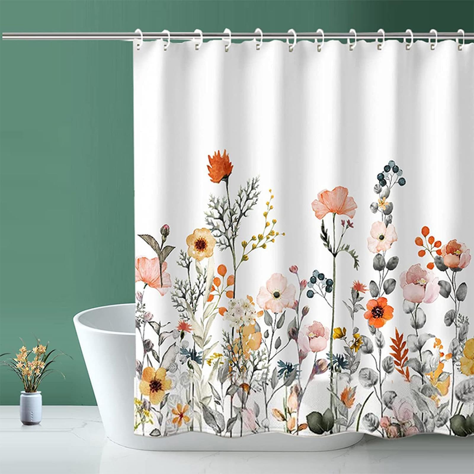 Duschvorhang Polyster Weiß Blumen 180x230cm Wasserdicht Anti-Schimmel Shower Curtains aus Waschbar Schnell Trocknend Badvorhang für Badezimmer, Badewanne mit 12 Duschvorhängeringen