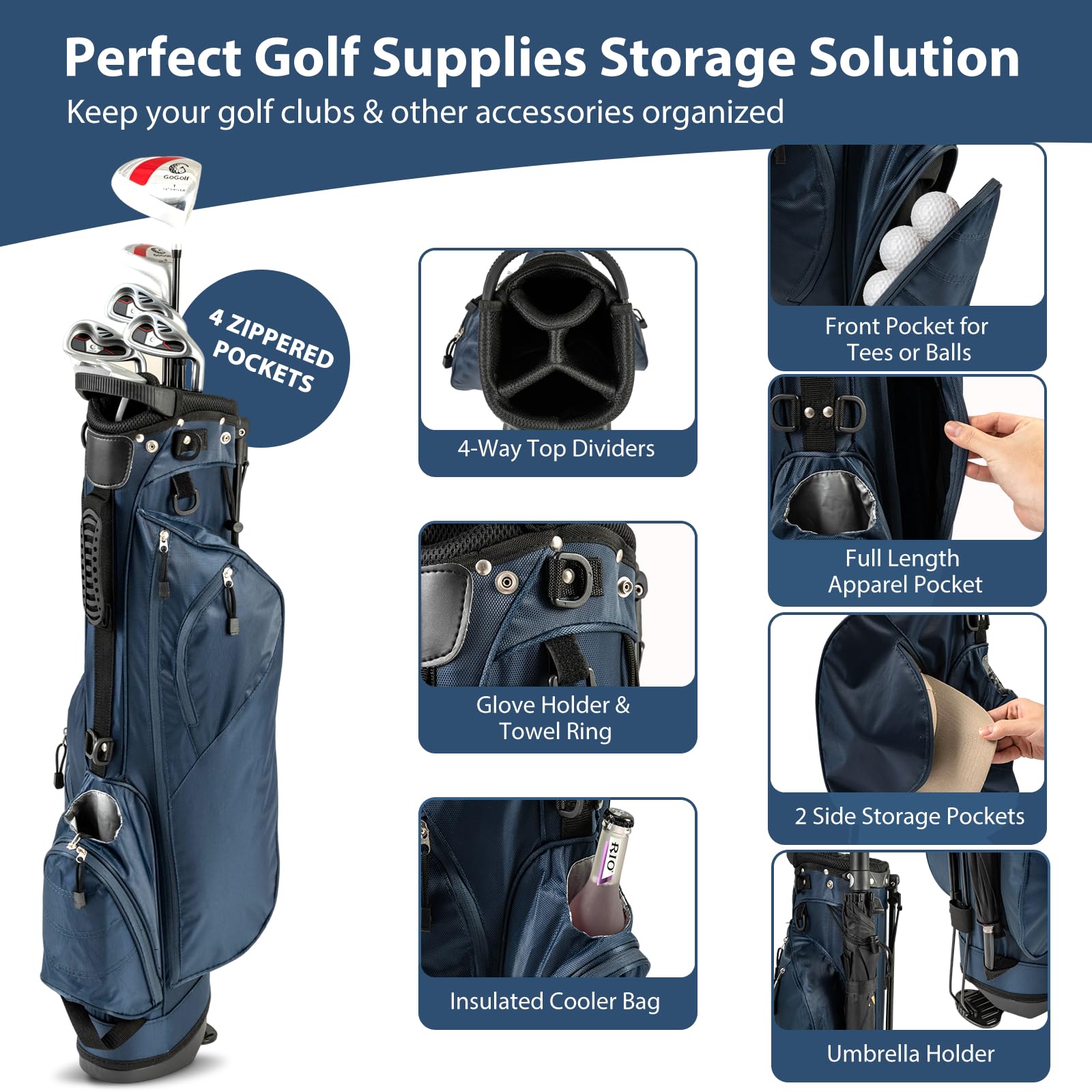 GYMAX Borsa da golf professionale, con divisore a 4 vie, 4 tasche portaoggetti e tracolla regolabile, borsa da golf impermeabile per uomini e donne