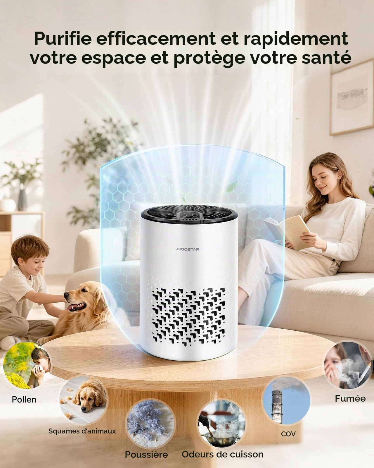 Aigostar Purificateur d‘air avec Filtre HEPA 4 en 1 et Charbon Actif, Ultra Silencieux 15dB avec Aromathérapie, pour Chambre Anti-Allergies, Élimine Poils, Fumée & Odeurs