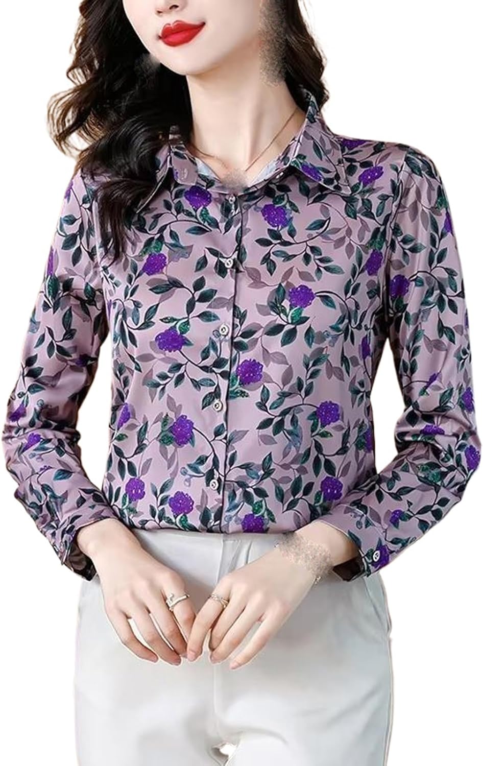 Women's Shirt Long Sleeve Blouse Spring Autumn Floral Top Satin Clothing