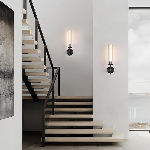 Miniatura 6 de Modernos apliques de pared negros cableados, 2 unidades, apliques de pared moleteados de 21 pulgadas, aplique de pared interior, luz de tocador de