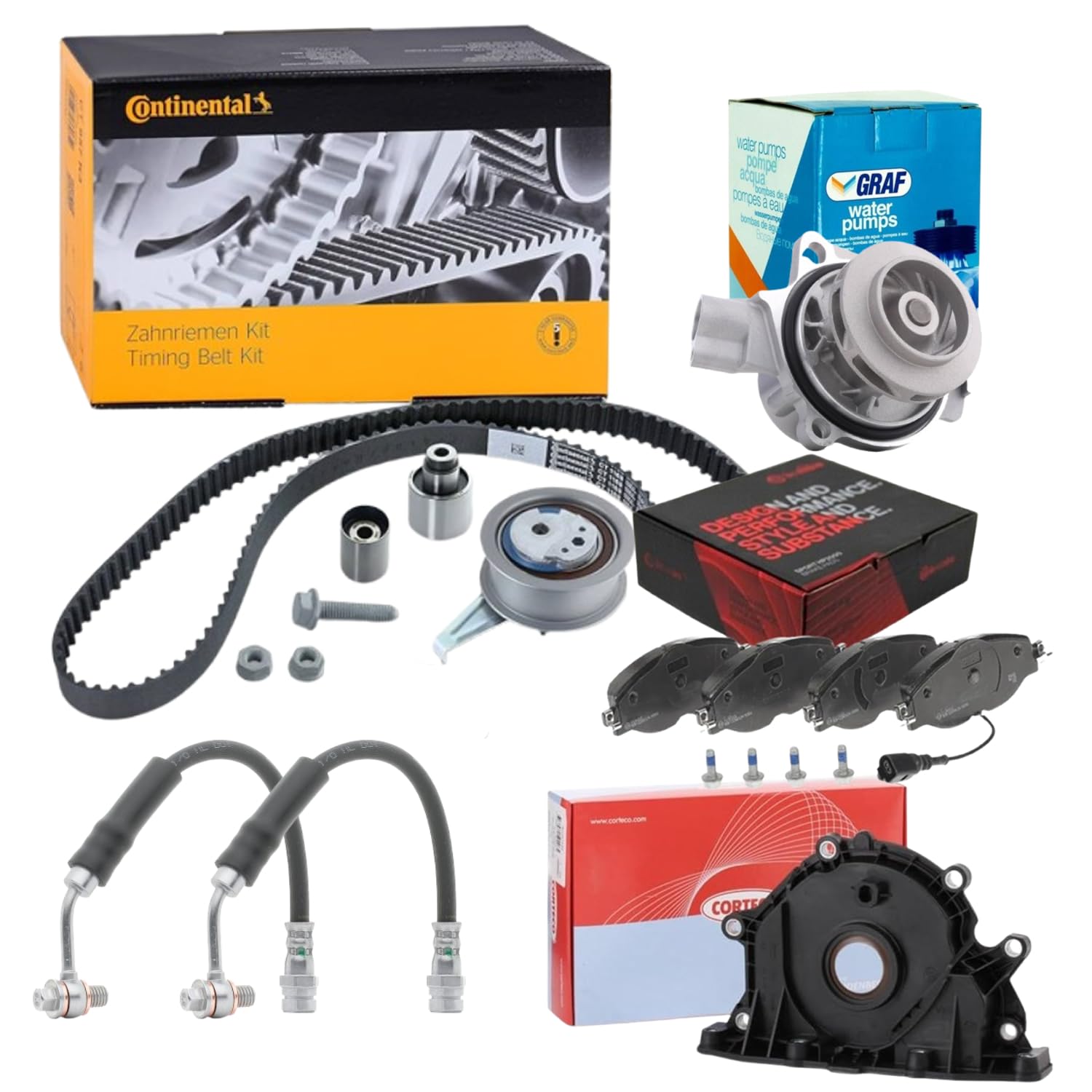 KIT CINGHIA DELLA DISTRIBUZIONE COMPLETO DI POMPA ACQUA, FLANGIA PARAOLIO, TUBI FRENO POSTERIORI, PASTIGLIE POSTERIORI PER A3 8V SPORTBACK 2.0 TDI DIESEL (150 CV / 110 KW DCYA, DA ANNO 2012-2025)
