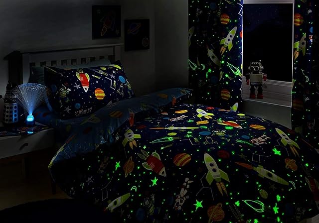 Restmor at Home Astronaut Space Single Bed Duvet Cover Set Glow in The Dark Supersonic Rockets and Solar system with shooting stars by Fusion