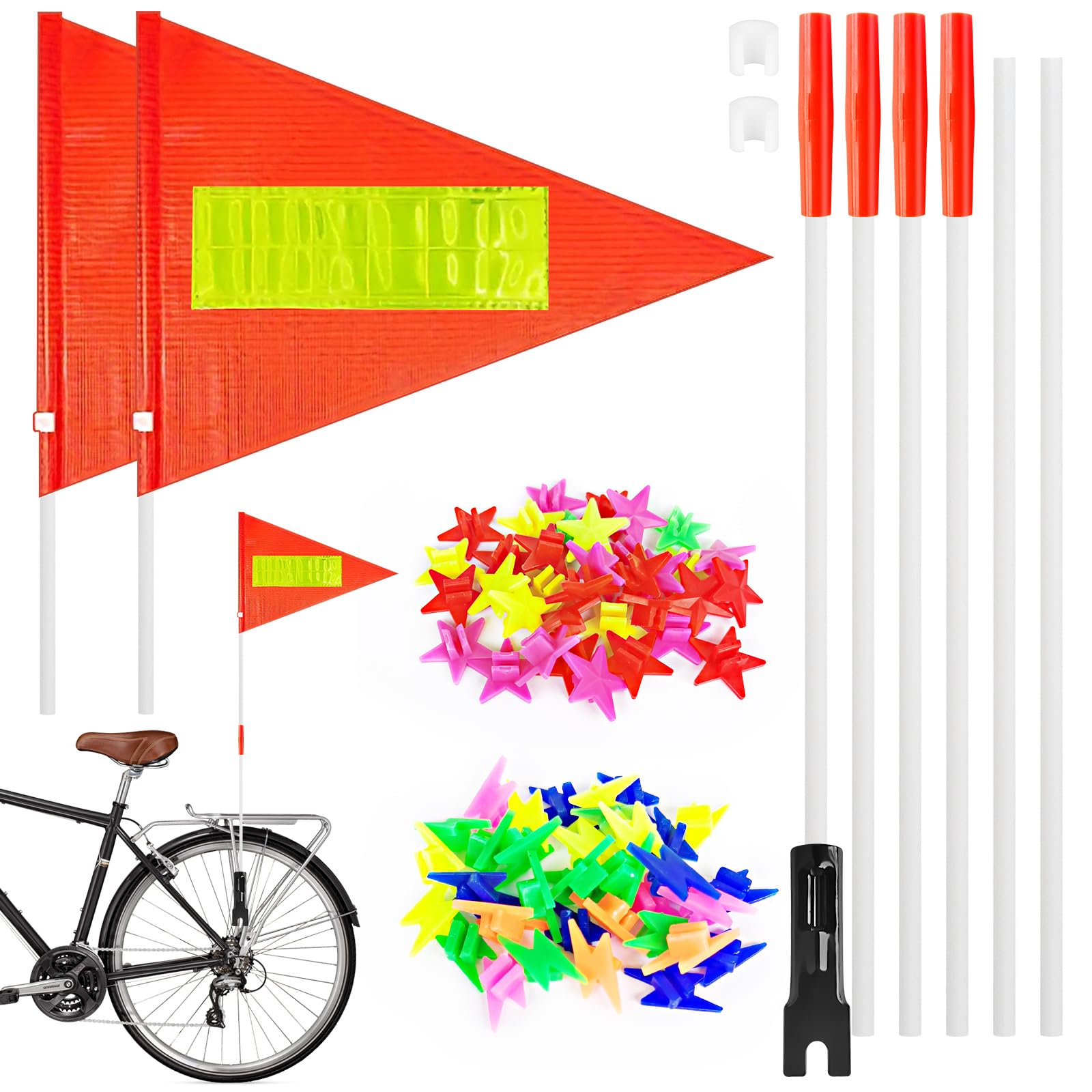 2 Pcs Bike Safety Flag with Reflective Stripe, 6 Heavy Duty Fiberglass Flag Pole, 71 Spoke Beads, Bike Flag, Adjustable Length, High Visibility for Adult Bicycles