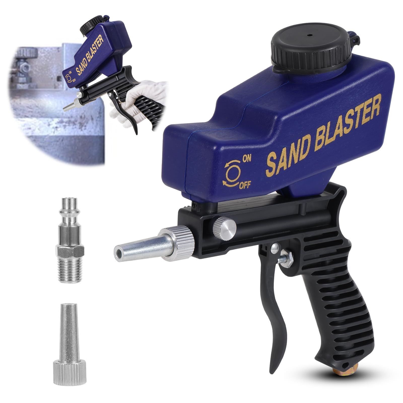 Sand Blaster Machine for Air Compressor, Up to 70-150 PSI, Ideal for Metal, Wood Paint/Rust Removal, and Glass Etching, Compatible with Aluminum, Sand, Walnut Shells, and Soda Blasting Media (Blue)