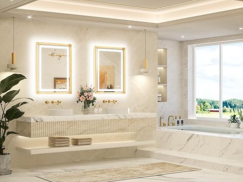 Miniatura 9 de TETOTE Espejo LED de baño de 24 x 32 pulgadas, marco de metal dorado cepillado frontal y retroiluminado, espejo de tocador antiniebla, sin