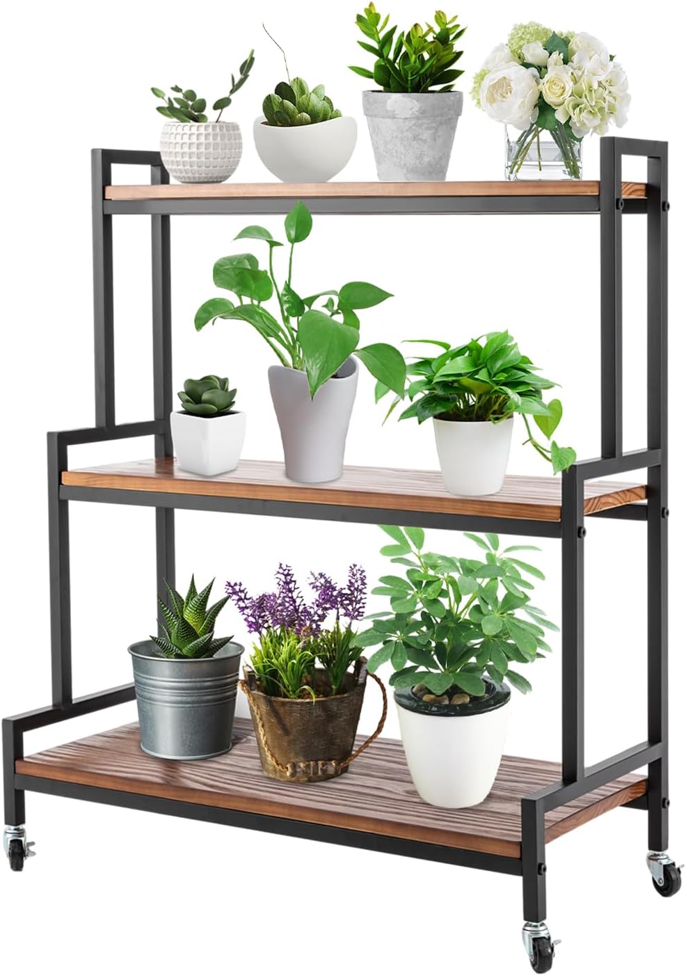 3 Tier Plant Stand with Wheels, Rolling Plant Shelves Rack Indoor Outdoor, Metal Plant Stand with Solid Wood for Multiple Plants,Industrial Ladder Flower Shelf for Garden,Living Room (Black, Brown)