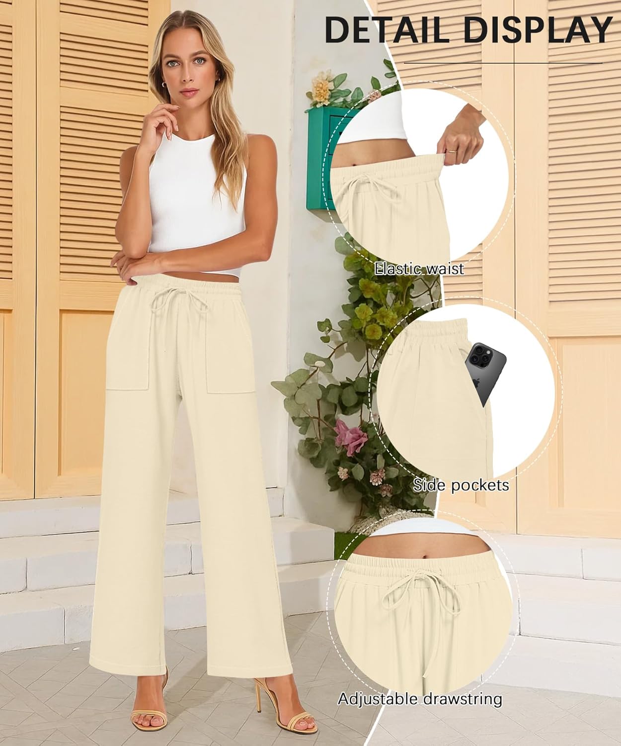 NILOUFO Women Wide Leg Pants Drawstring Elastic High Waisted Palazzo Casual Trousers with Pockets Lounge Comfy - Image 4