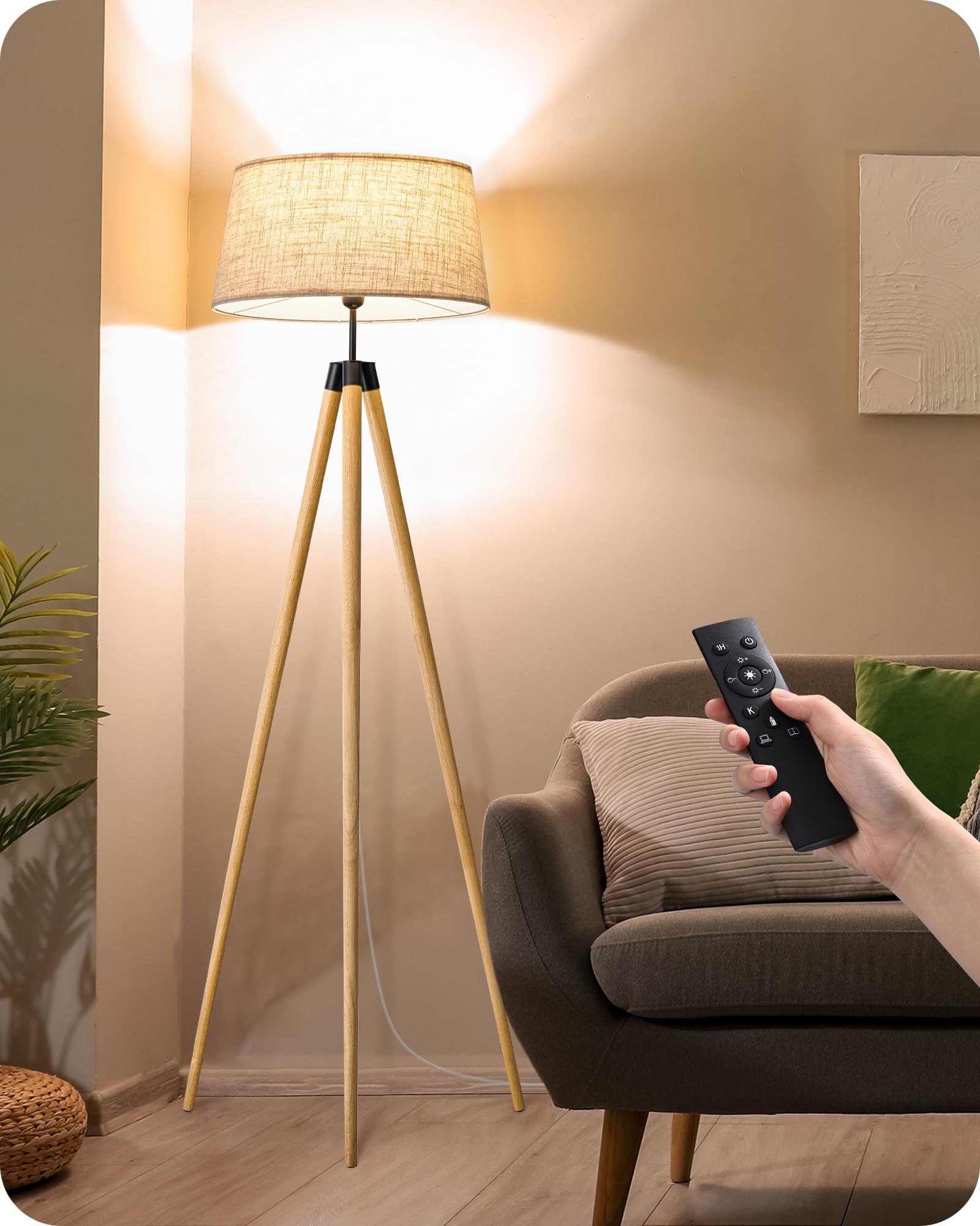 EDISHINE Stehlampe Wohnzimmer Dimmbar, Stehleuchte Boho mit Stativ aus Holz, inkl. E27 LED Glühbirne & Fernbedienung, Vintage Lampenschirm-Leinen, Leselampe für Esszimmer & Kinderzimmer