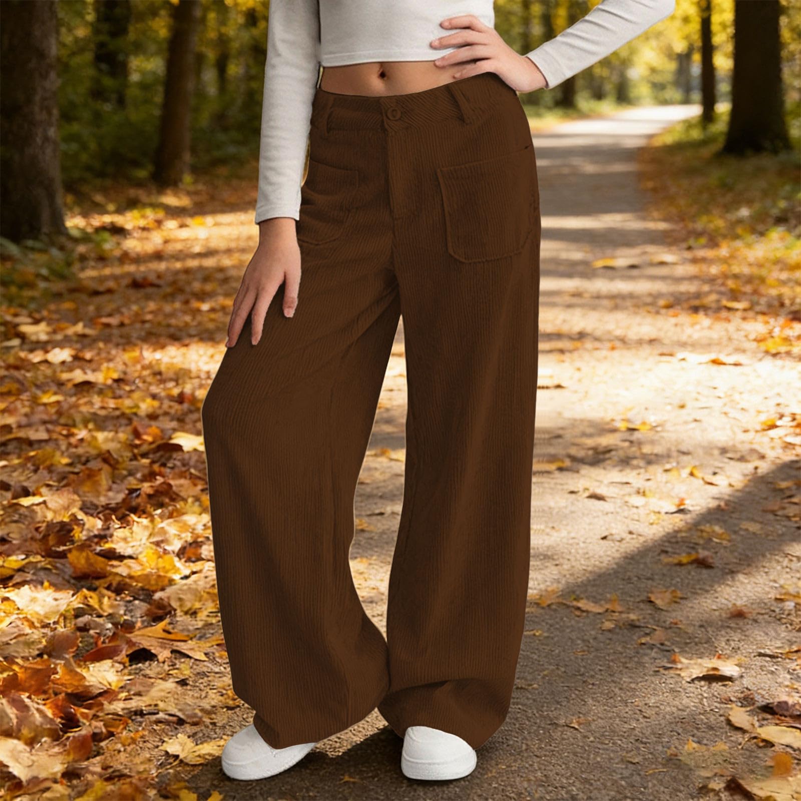 Générique Pantalon en Velours côtelé pour Fille Baggy Jambes Larges Pantalon Évasé Taille Haute Ample Pantalon Décontracté Élastique Léger Confortable Pantalon De Loisirs