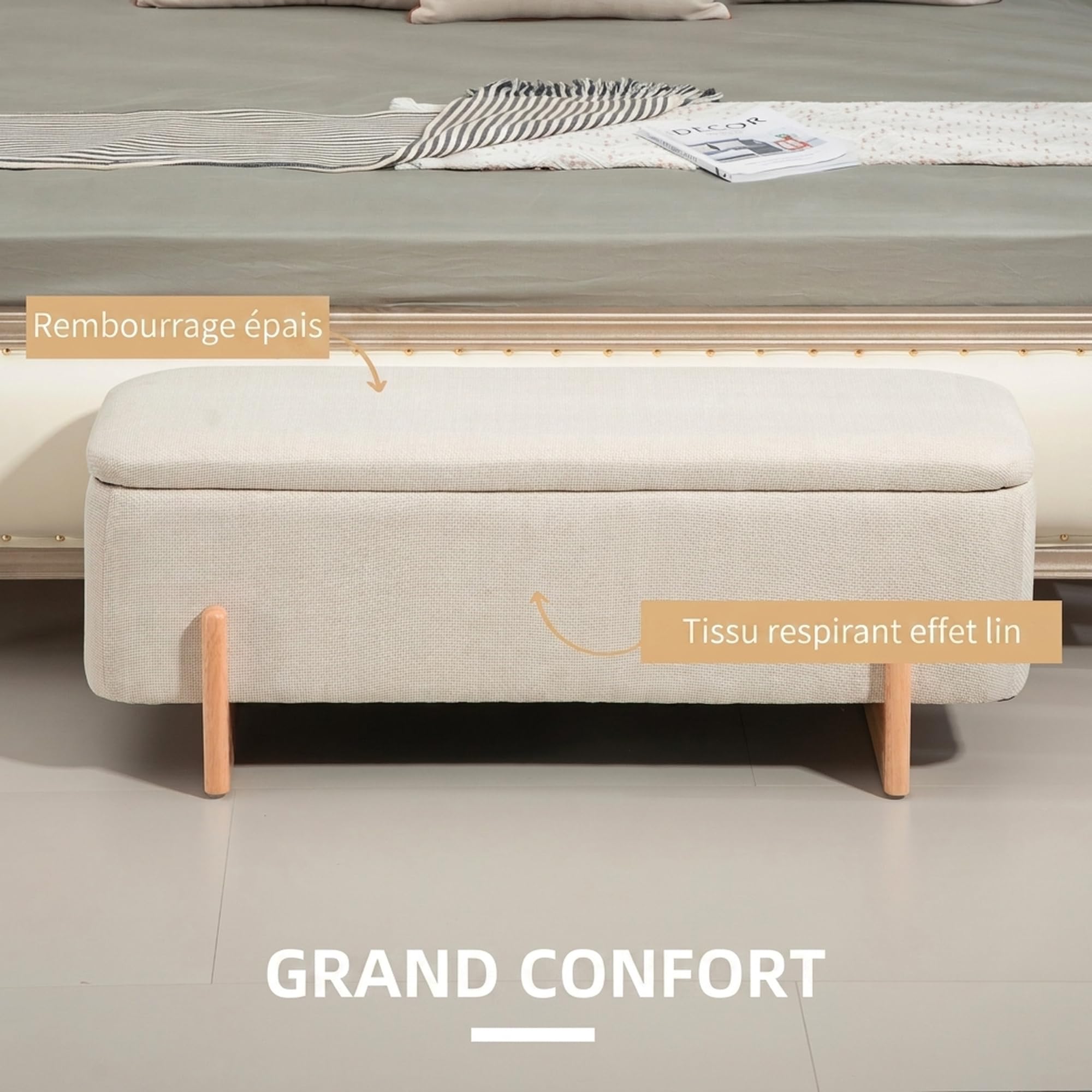 HOMCOM Banc de Rangement Bout de Lit Rembourré 111 x 44 x 44,5 cm Crème