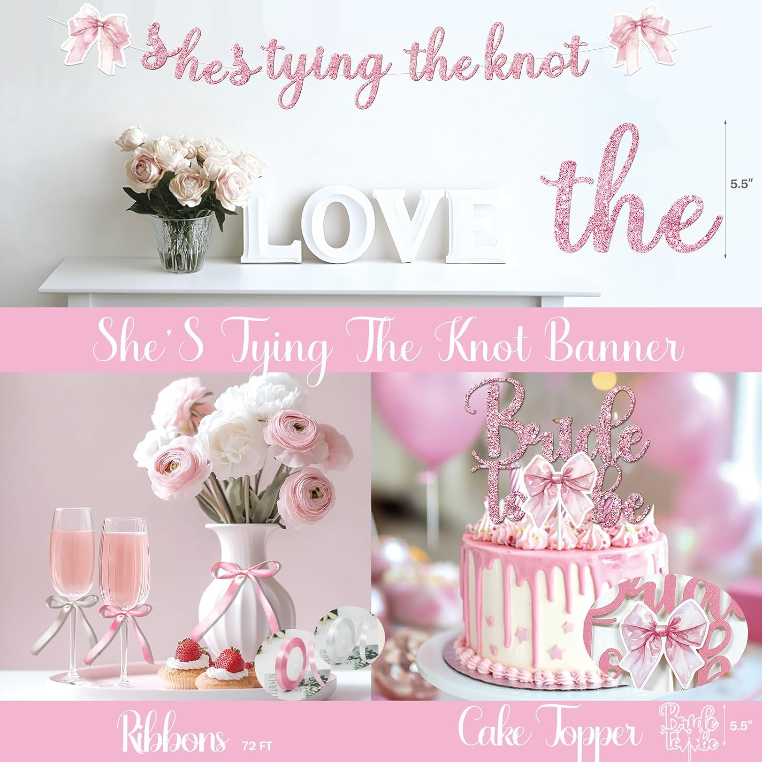 Party Inspo Shes Tying The Knot Bridal Shower Decorations – 108 PCs Pink Bow Party Supplies with Backdrop, Banner, Balloon Garland, Tablecloth, Cake Topper, Sash, Ribbon, Veil