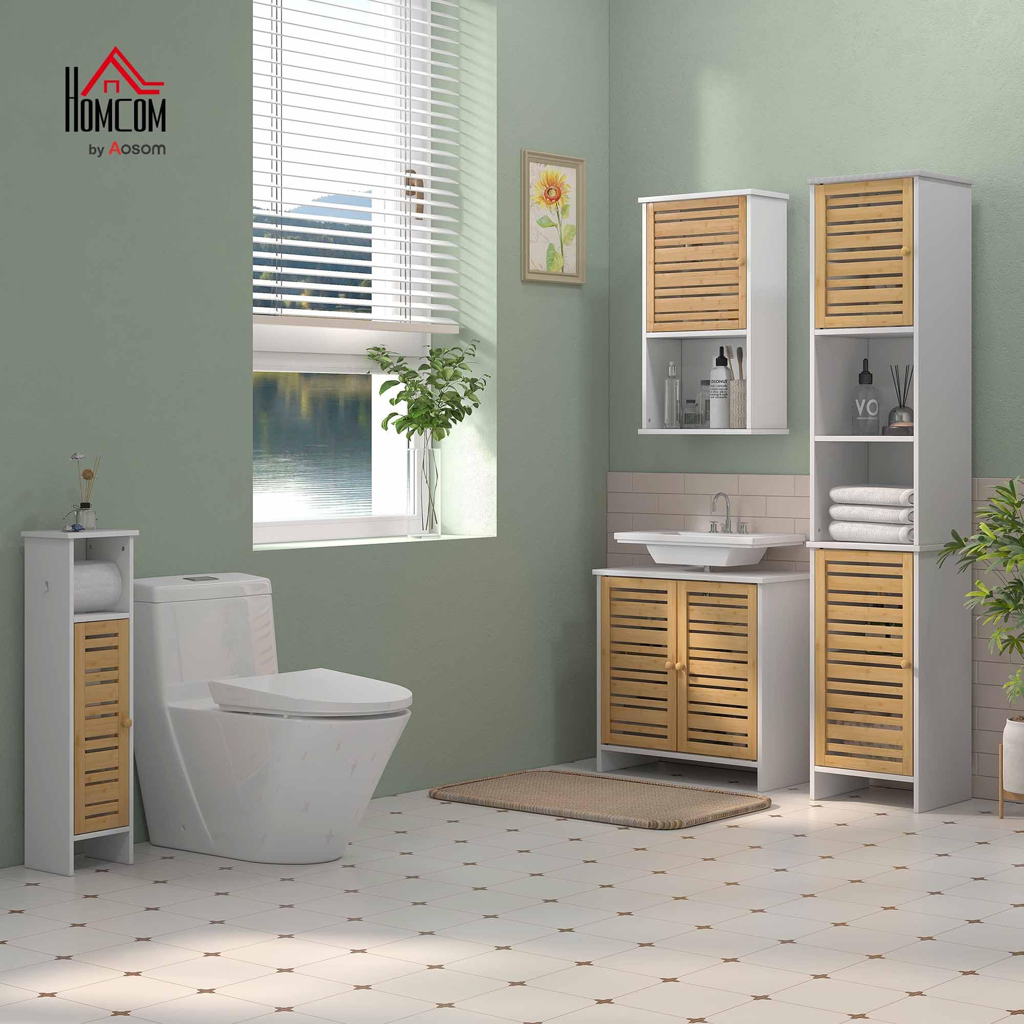 HOMCOM Columna de Baño Moderna Armario Alto de Baño con Estantes Ajustable y Puerta de Bambú Anti-vuelco 35x30x170 cm Blanco y Natural