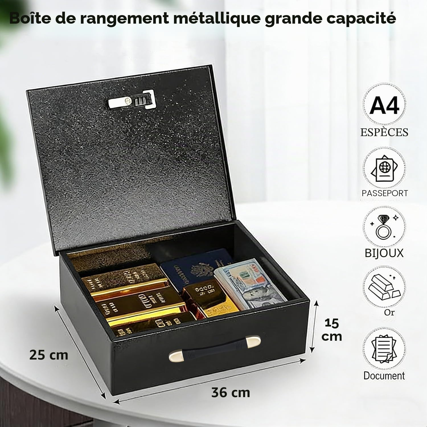 Boîte à documents ignifuge avec serrure à clé et poignée,coffre fort anti feu,coffre de sécurité portable en métal résistant au feu, étanche, pour argent, médicaments, documents A4