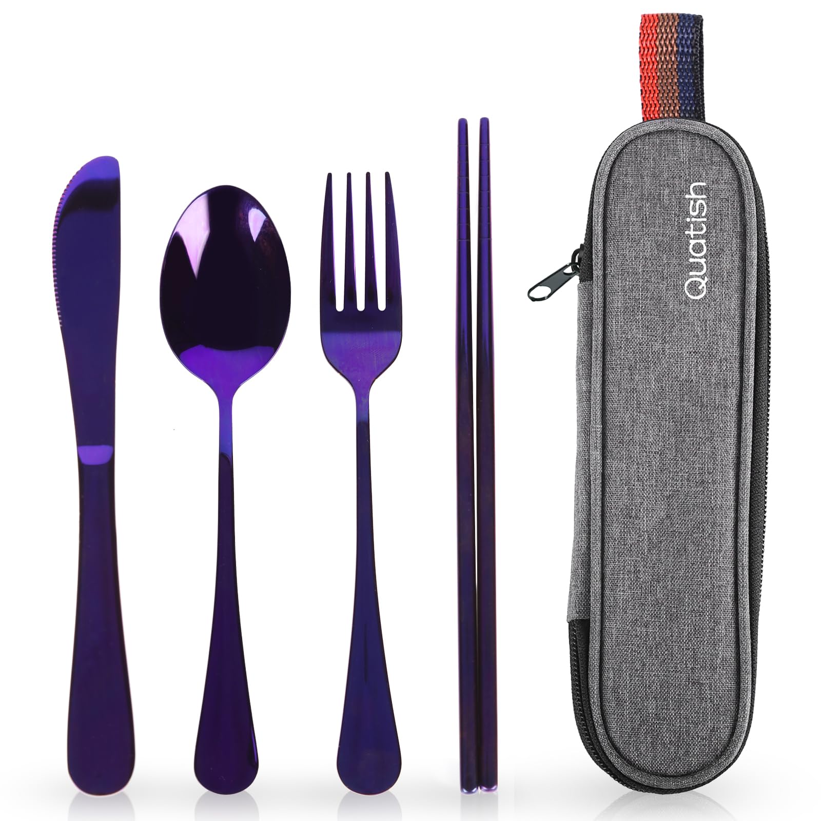 Quatish Camping Besteck, 5 Stück Edelstahl Reisebesteck mit Etui, Besteckset to Go, Campingbesteck für Unterwegs, Outdoor, Reise, Arbeit, Schule, Reise Gadgets, Violett