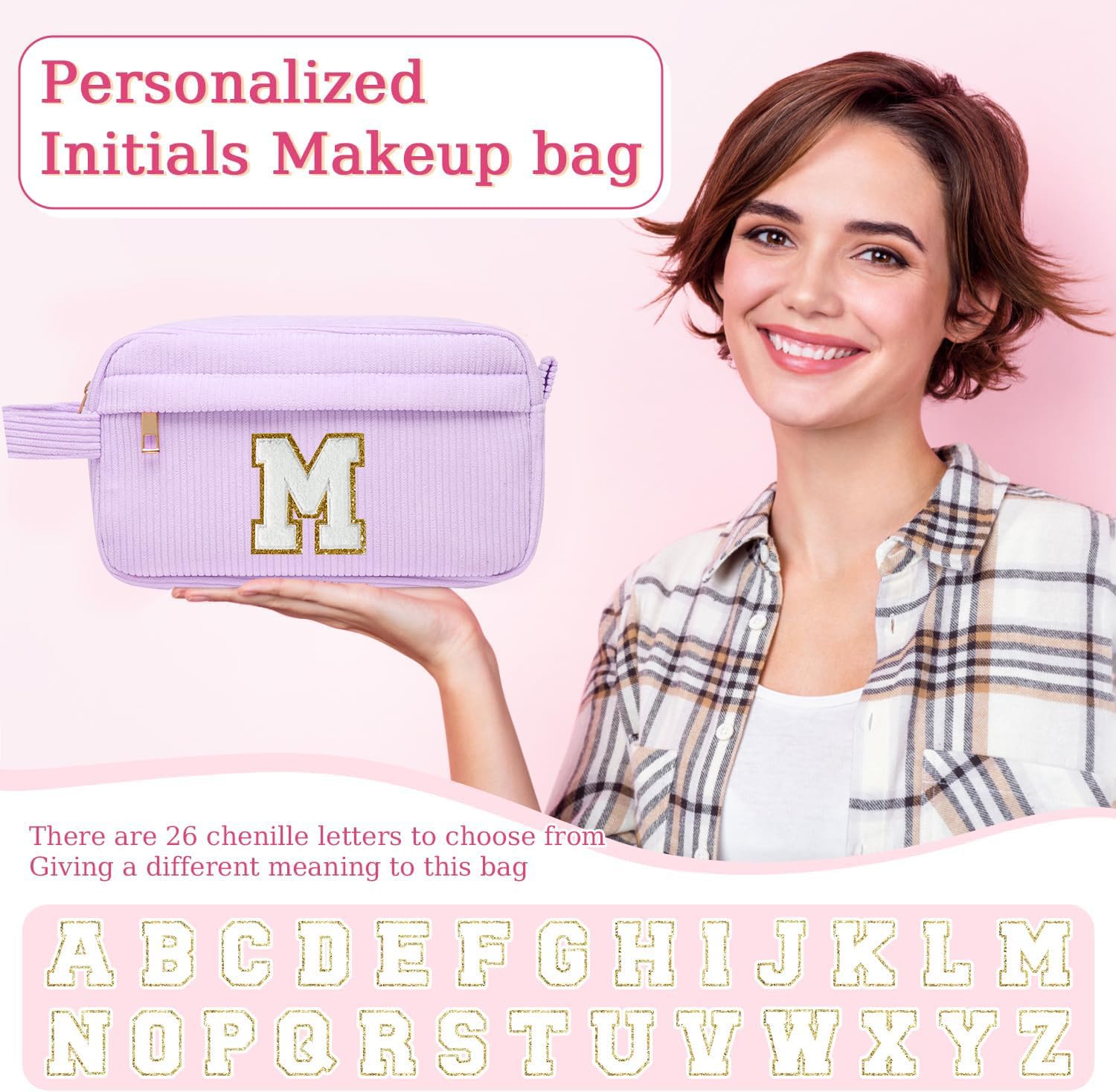 Neceser Maquillaje Mujer Personalizado Inicial, Bolsa de Cosméticos de Viaje, Gran Capacidad Neceser de Maquillaje de Pana, Regalo Cumpleaños Navidad para Mujeres Novias Mejores Amigas, Morado C — view 3