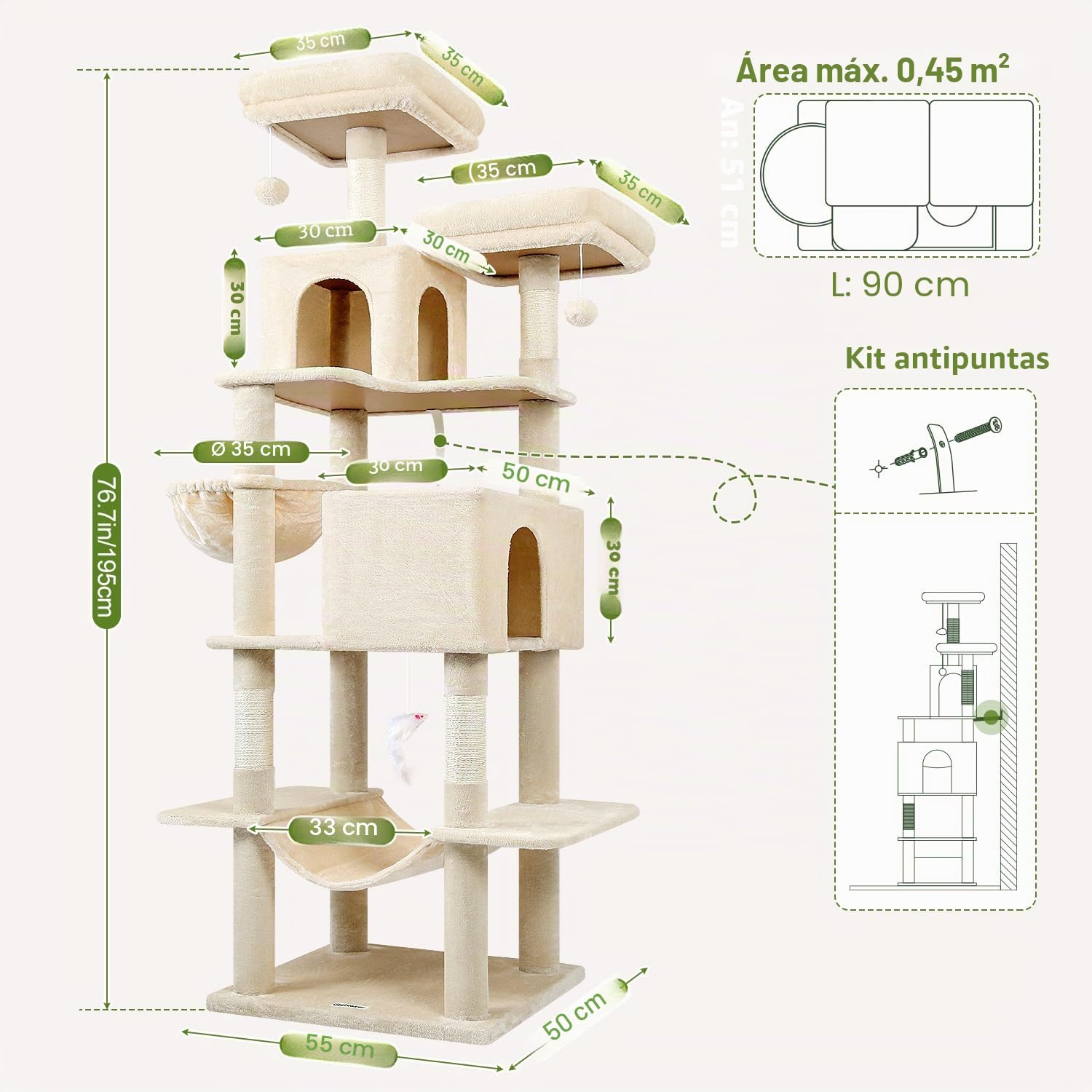 Globlazer Árbol Rascador Beige para Gatos XXL 195 cm Alto con 2 Nidos, 2 Acolchada Percha, Grande Hamaca 50 * 33CM, Cesta, Estable Rascador para Gatos Adultos Descansar Jugar Interior (F76, Beige)
